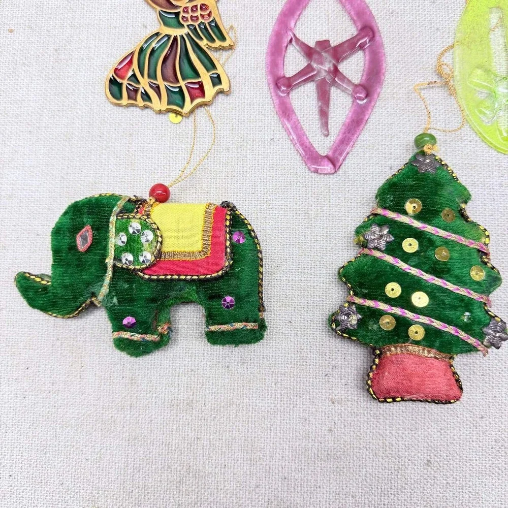 Vintage Mixed Christmas Ornaments Set 11 Velvet Sequin Resin Metal Angel Boho
